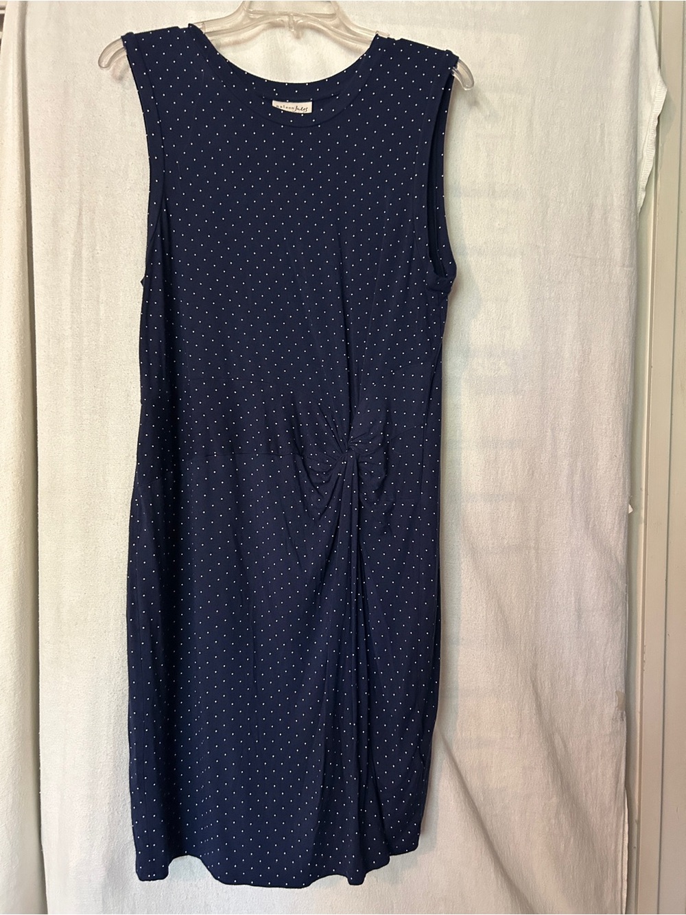 Sleeveless Navy Polka Dot Midi Dress with Waist Knot